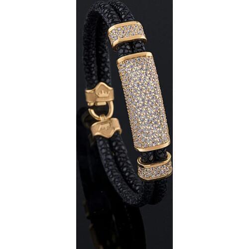Beichong Black Stingray Leather With Rose Glod Clasp 316L Stainless Steel Leather Bracelet Bangle with White zircon stone