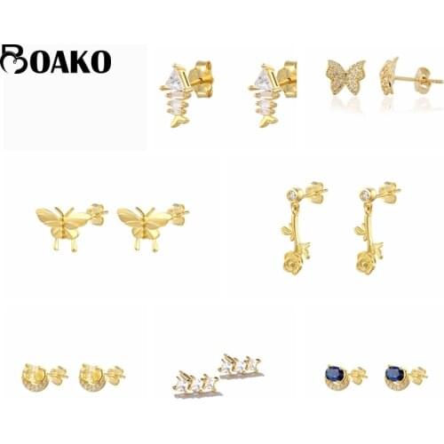 BOAKO 925 Sterling Silver Earrings For Women Pendientes Piercing CZ Insect Flower Stud Earring Fine Jewelry Earring for Gifts