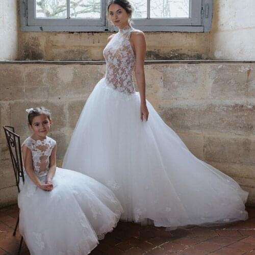 Boho High Neck Beach Wedding Dress 2021 Ball Gown Lace Top See Through Back Summer Bohemian Bride Gown with Court Train