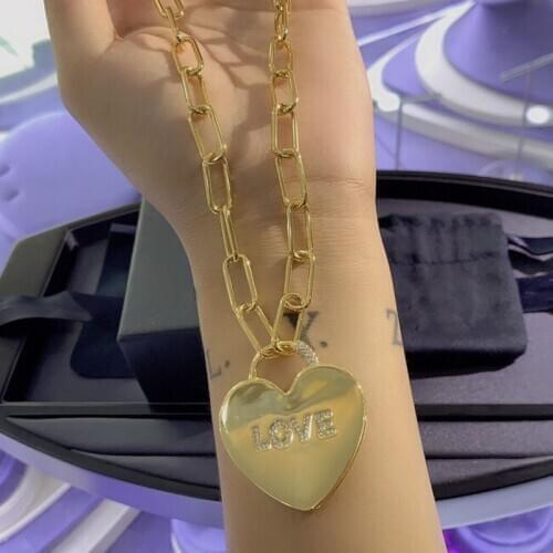 Brand 1:1Fashion Brand Necklace Gold Color LOVE Heart Pendant Locket Chain Micro Zirconia Stones Women Jewelry