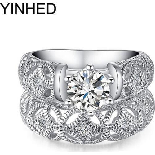 YINHED Brand Wedding Ring Set Women 1ct CZ Diamant Fine Carving Craft Engagement Filigree Ring 925 Sterling Silver Ring ZR108