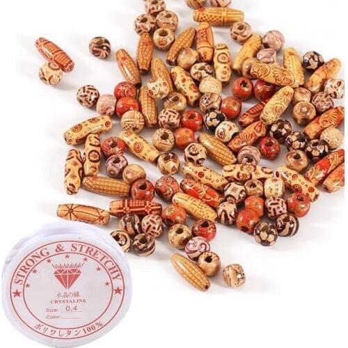 Kid 100pcs Wooden Hair Beads and Clear Elastic Cord DIY African Hair Braid Dreadlock Wood Spacer Bead Making Jewelry Beading Toy