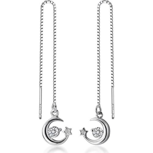 DIH11 Real 925 Sterling Silver Moon Long Drop Earrings Cute Moon and Zircon Pull Through Threader Earrings for Women