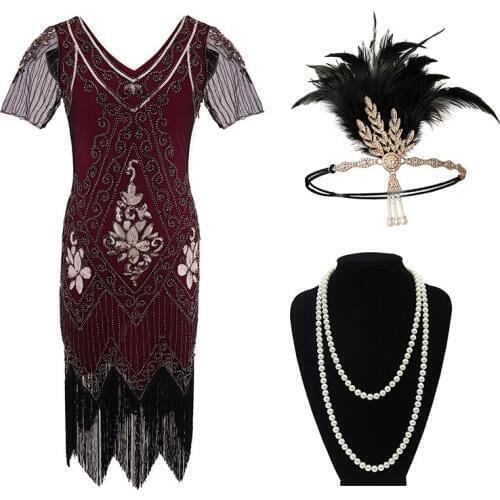 Womens 1920s Dress Sequin Art Deco Roaring Gatsby Dress with Short Sleeve Vintage Cocktail Flapper Dresses (Wine Red)