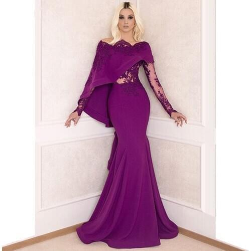 Purple Muslim Evening Dresses Mermaid Long Sleeves Appliques Lace Dubai Saudi Arabia Long Prom Dress Gown Robe De Soiree
