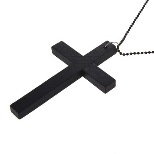 Hot Sale Metal Beaded Chain Wooden Cross Pendant Necklace Black