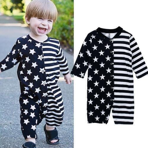 Ins Fashion Baby Boy Clothes Autumn Long Sleeved Stars&Stripe Unsymmetrical Print Baby Rompers Newborn Baby Boy Clothing DS19