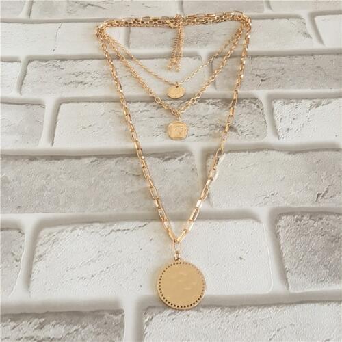 Nice Gold Color Plating Three Different Size Shape Coin Pendant Stylish Layered Necklace For Women Lady Jewelry