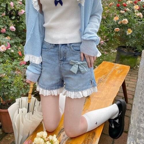 Luck A Summer Japanese Kawaii Denim Pants Women Bowknot Lace Sweet Cute Wide Leg Pants High-waisted College Style Clothing 2021