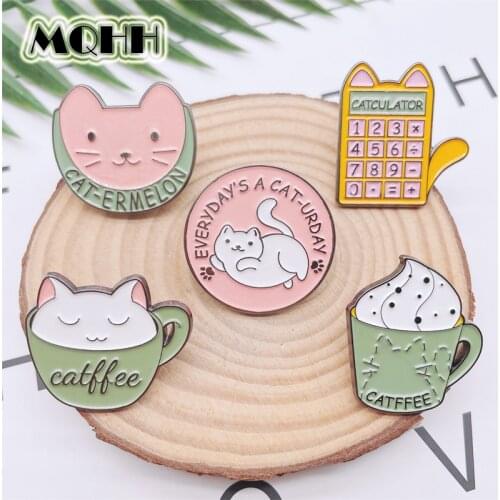 Cartoon Cute Animals Cat Enamel Pins Round Love Coffee Ice Cream Calculator Alloy Brooch Badge Punk Accessories Fashion Jewelry
