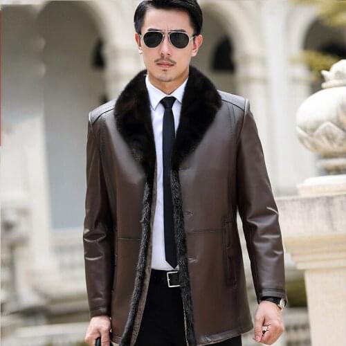 Genuine Leather Jacket Mens Real Sheepskin Coat Wool Liner Mink Fur Collar Warm Down Coat for Men Jaqueta Couro 9820 YY383
