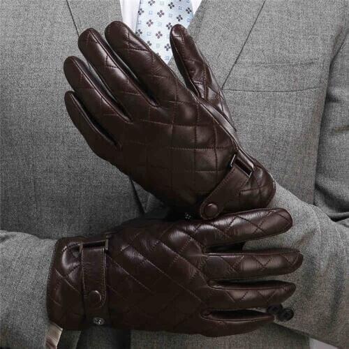 2020 New Mens Genuine Leather Gloves Male Autumn Winter Plush Lined Fashion Wrist Button Lambskin Leather Gloves M020NC-1