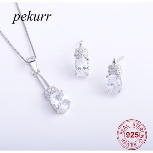 Pekurr 925 Sterling Silver Crystal Hammer Earrings Necklace Sets For Women Oval Gems Geometry Pendants Fashion Jewelry Set