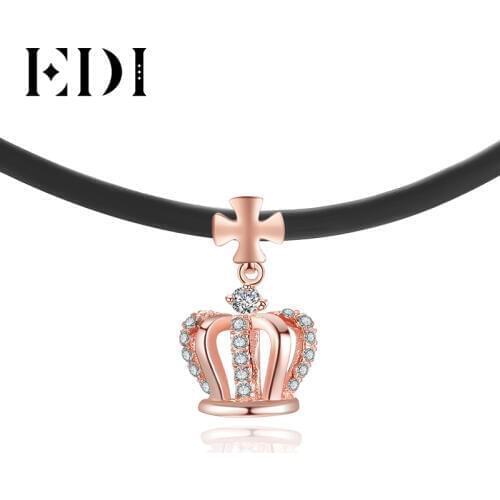 EDI 0.096cttw Real Diamond 14K Rose Gold Pendant Crown Choker Princess Queen Trendy Jewelry