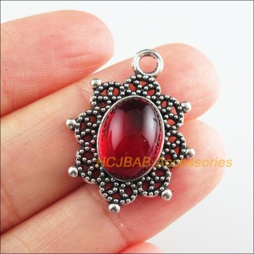 Fashion 8Pcs New Oval Charms Red Glaze Flower Pendants Tibetan Silver Tone 22x29mm