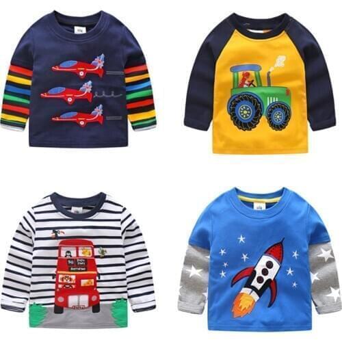 Boys T-shirt Kids Tees Baby Child Boy Cartoon Tops Spring Children Tee Long Sleeve Cotton Cars Trucks Bus Striped Autumn Shirt
