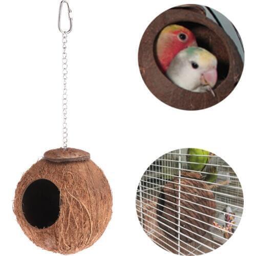 Bird Parrot Nest Natural Coconut Shell Hanging Chain Cage Toys Swing House Finch 090