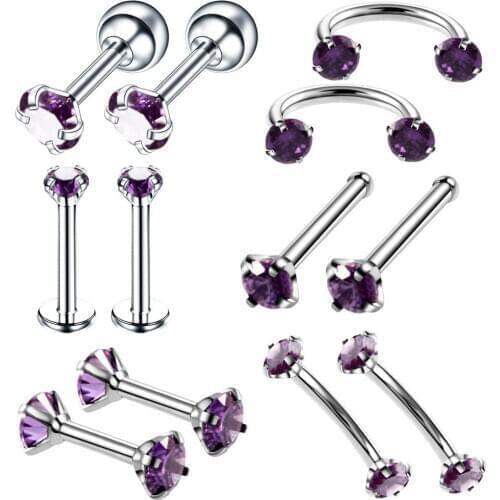 12PCS/Set Crystal Labret Piercing Lip Ring 16G Fashion Nose Ring Eyebrow Piercing Helix Tragus Piercing Earring Stud Pircing Kit