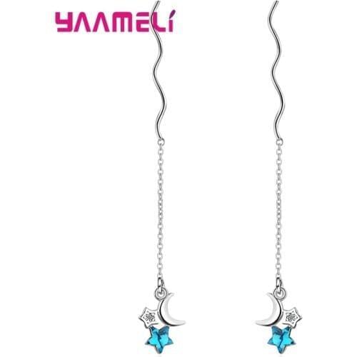 925 Sterling Silver Prevent Allergy Earrings & Ear Brincos Jewelry Blue Pentagonal Star Moon Wedding Bridal Accessories