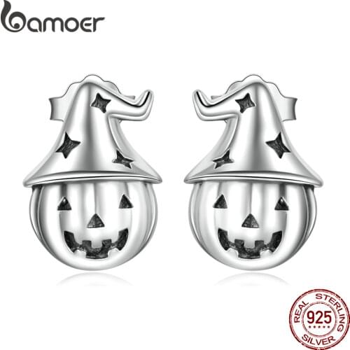 BAMOER Cute Pumpkin Stud Earrings 925 Sterling Silver Creative Halloween Pumpkin Earrings For Women Girl Fine Jewelry Party Gift
