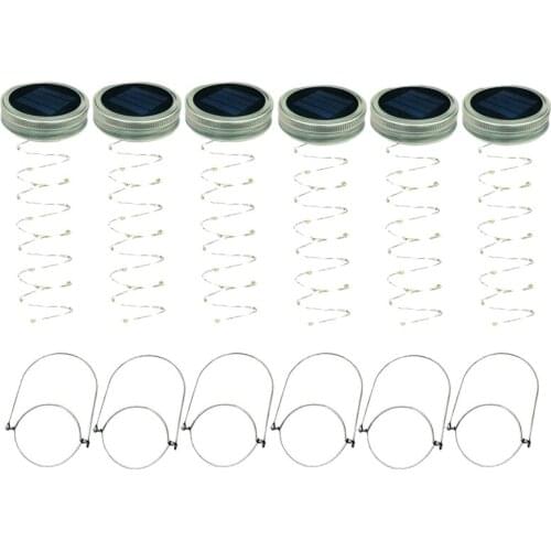 Solar Mason Jar Lid Lights, 6 Pack 20 Led String Fairy Star Firefly Jar Lids Lights,6 Hangers Included(Jars Not Included), Patio