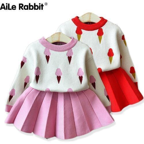 Girls Sweater Set 2019 New Autumn Girls Ice Cream Set Long-sleeved Sweater Top Skirt Two-piece Childrens Wear Kids Clothes Set