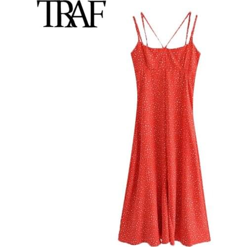 TRAF Women Chic Fashion Floral Print Midi Dress Vintage Backless Elastic Side Zipper Thin Straps Female Dresses Mujer