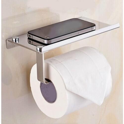 Toilet Towel Rack Stainless Steel Wall Mount Kitchen Tissue Holder Hook w/ Mobile Phone Storage Shelf Holders Bathroom Hardware