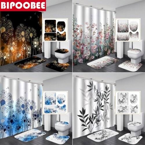 Farmhouse Shower Curtain for Bathroom Sets Floral Dandelion Bath Mats Rugs Toilet Lid Cover Bathtub Curtains with 12 Hooks