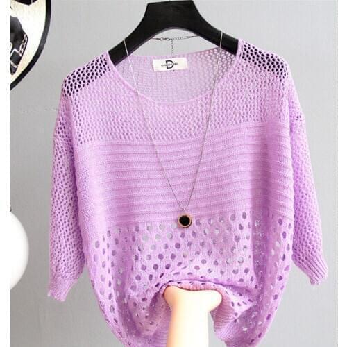 2020 new hollow summer Korean knitted bottoming shirt female bat sleeves Sexy pullover Solid loose thin large size blouse Female