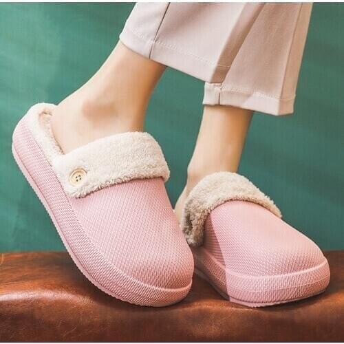 2020 Trend Thick Sole 4cm Heel Houes Women Fur Slippers Detachable Warm Plush Bathroom Waterproof Indoor Couples Shoes Slides