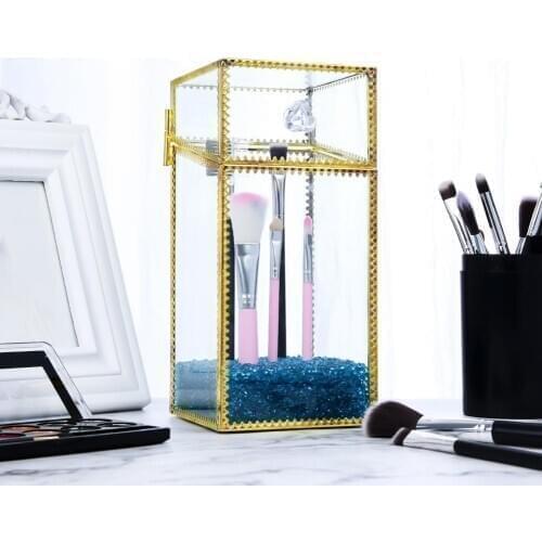 Gold Makeup Storage Box Plastic Dustproof Cosmetic Brush Container with Beads Makeup Brush Holder Organizer Cosmetic Holder