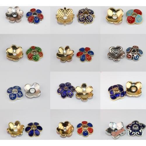 10pcs Cloisonne Accessories Bead Caps Enamel Drop Oil Alloy Flower Receptacle Fringe Tassel End Caps Findings DIY Jewelry Making