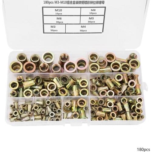 180Pcs M3/M4/M5/M6/M8/M10 Knurled Rivet Nut Kit Carbon Steel Flat Head Threaded Insert Rivet Nutsert Riveting Installation Tools