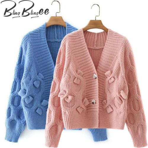 BlingBlingee Za 2021 Autumn Woman Traf Crop Tops Y2K Sweet Girls Bow Texture Knit Cardigan Raglan Sleeve Pink Loose Sweaters