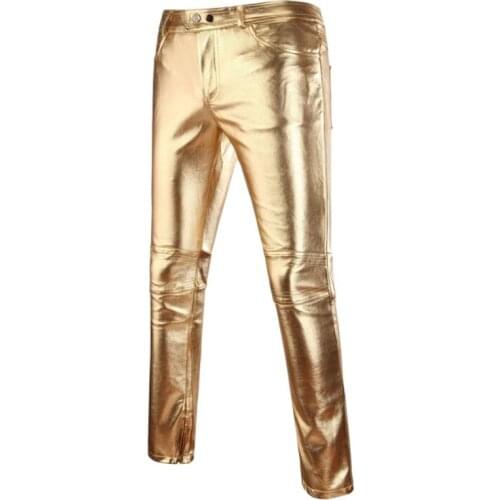 2019 summer new solid color glossy couple Bright Surface Imitation Leather Pants Men Hot Stamping Casual Pants Male Gold Silver