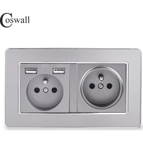 COSWALL Silver Stainless Steel Panel French / Polish Wall Socket With Dual USB Charging Port Gray Grey Color