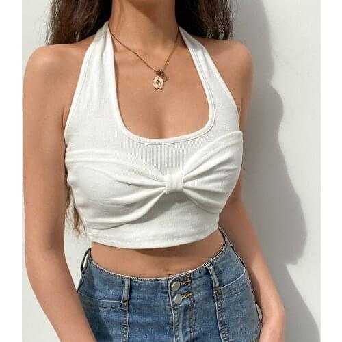 WOMENGAGA Women Halter Bow Front Crop Tank Top Rib Tank Top summer hot sexy korean woman tank tops 4N0R