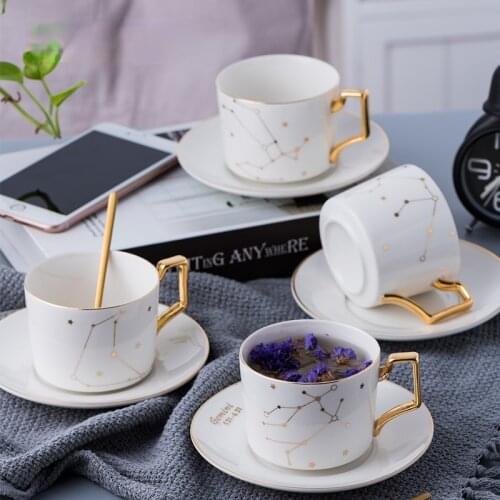 12 zodiac coffee cup tea saucer white gold bone China tea cup stainless steel zodiac cup with spoon