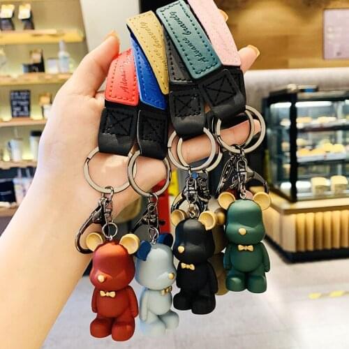 Cartoon Bow Tie Bear Bunny Animal Keychain Keyring Pu Leather wristband Anime Lovely Girl Accessories Key Chains Pendant D765