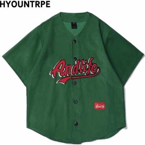 Men Corduroy Baseball Tee Shirts New Fashion Letter Single Breasted Hip Hop Shirts Skateboard High Street Couple Tees Streetwear