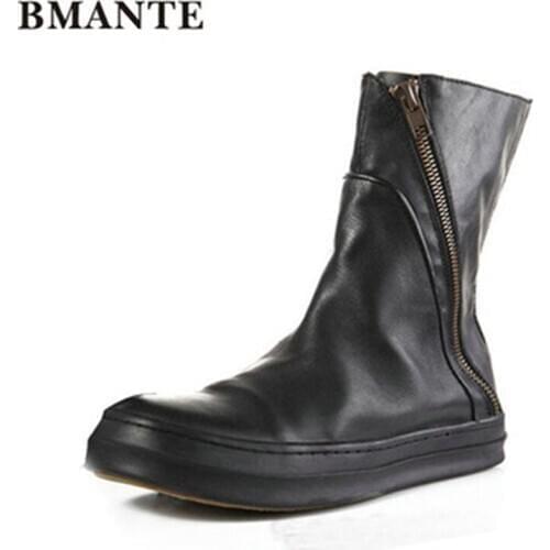 New Men Genuine Leather Solid Colors Shose Trainers Male Adult Ankle Boots Casual Zip Flats Spring Black Sneaker