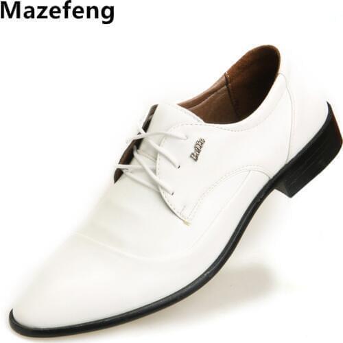 Mazefeng 2018 New Business Male Shoes White Solid Pointed toe Lace-up Men Dress shoes Non-slip Men Leather Shoes Breathable