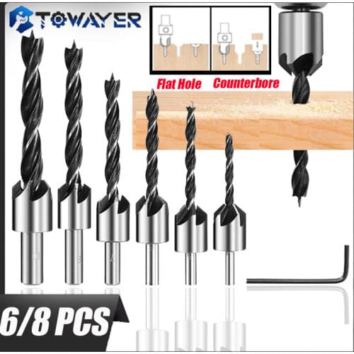 Towayer 4Pcs/7Pcs Flute Countersink Head Drills Bit HSS Drills Bit Reamer Set For Woodworking Drill Chamfer 3 4 5 6 7 8 10mm