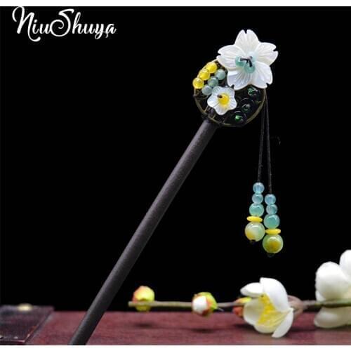 NiuShuya Ethnic Handmade Wooden Shell Flower Hair Sticks Chinese Resin Beads Ebony Headwear Bride Hair Accessories Women Jewelry