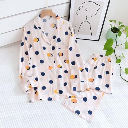 2021 New Pajamas For Women Cotton Silk Long-sleeved Trousers Dots Print Home Service Spring Autumn Ladies Clothes Sleepwear