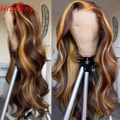 HiEbony Preplucked Lace Front Wigs Hihglight 180% Density Wavy Glueless Remy Hair Lace Front Wigs Transparent Wig with Baby Hair