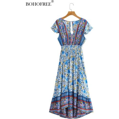 Retro Printed Elastic Waist Short-sleeved V-neck Rayon Cotton Oversized Holiday Beach Lace-up Dress Maxi Color Contrast Vestido