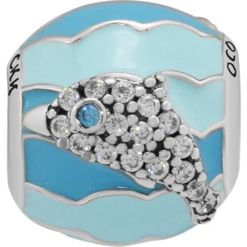 Fits for Pandora Charms Bracelets Playful Dolphin Beads with Blue Ename 100% 925 Sterling-Silver-Jewelry Free Shipping