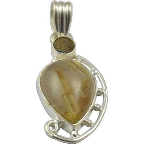 Lovegem Nature Golden Rutile & Druzy Pendant 925 Sterling Silver, 39.4 mm, MHBAP4895
